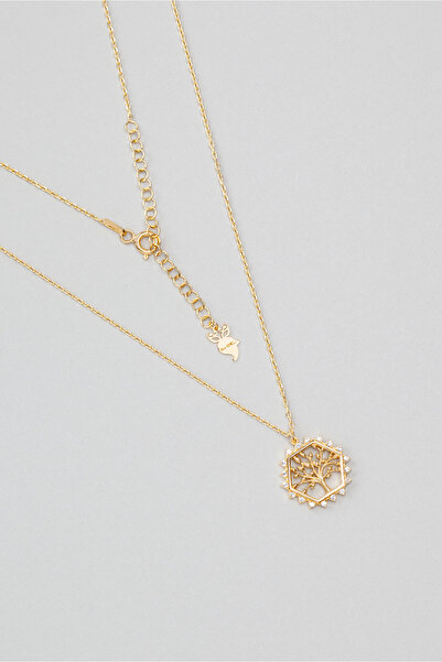 So CHIC... Zirkon Taşlı 18 Ayar Sarı Altın Kaplama 45 Cm Gümüş Hayat Ağacı Kolye