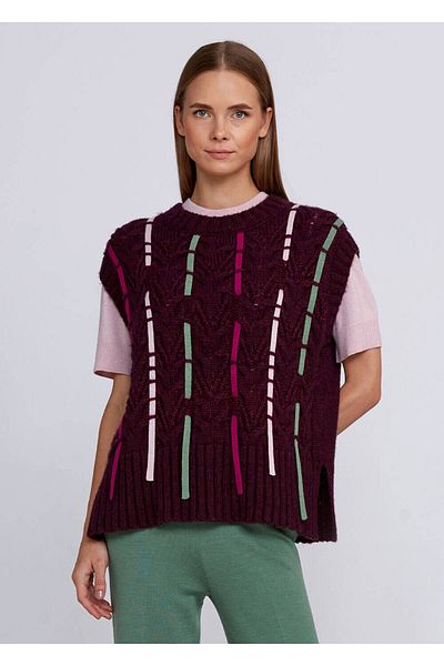 Knitss Top din tricotaje burgundy cu detaliu de dungi amestecate de lână