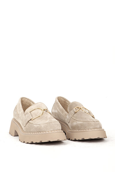 Dericlub Loafer de damă de culoare bej - cu cataramă, talpă groasă și piele naturală Zy 7888 Suede