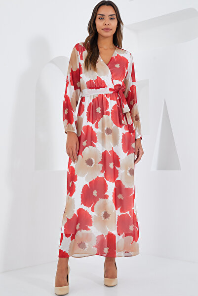 Bigdart Women's Pomegranate Beige Floral Patterned Chiffon Dress 2134