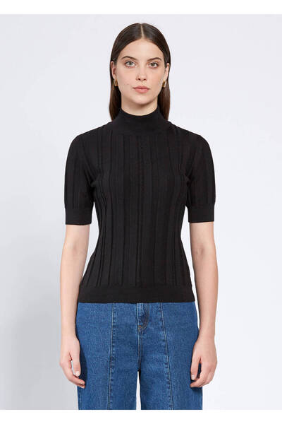 Knitss Kısa Kollu Balıkçı Yaka Merino Yün Siyah Triko Üst