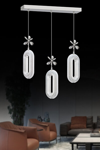 İstanbul Avize Led Alfa 3'lü Sıralı Gümüş Yemek Masası Kumandalı 3 Renk Ledli Modern Led Avize