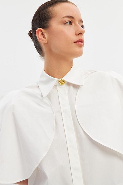 Setre Ecru Short Sleeve Shirt with Cape Detail on the Shoulders