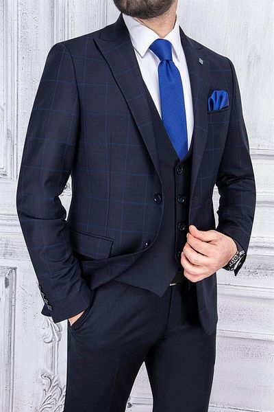 PR PACO ROMANO ART OF FASHİON Men's Slim Fit Pointed Collar Plaid Vest Navy Blue Combination Suit
