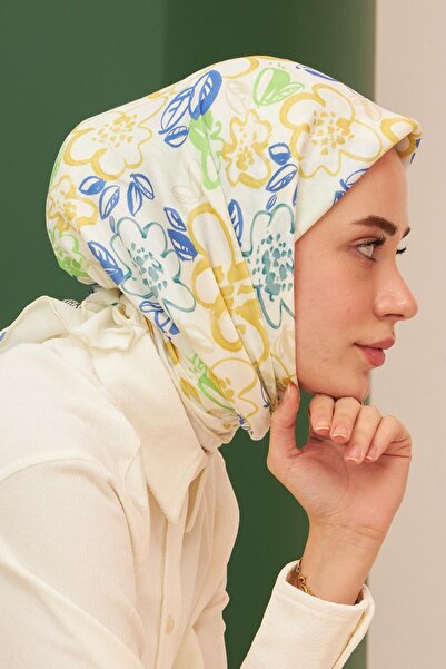 İpekhan Μοντέλο παστέλ μπλε κίτρινο βαμβακερό κασκόλ βισκόζης