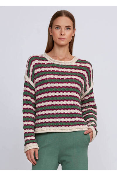 Knitss Organik Pamuk Karışımlı Oversıze Yeşil Ekru Triko