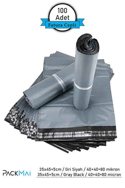 PackMai 35x45 Cm Cepli Gri Kargo Poşeti-100'lü Paket, E-ticaret Ve Kargo Için...