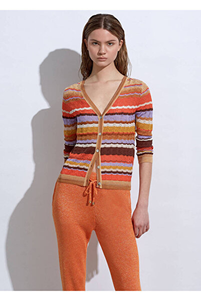 Knitss Çizgi Desenli Tarçın Rengi Triko Hırka