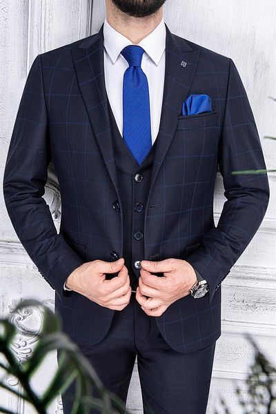 PR PACO ROMANO ART OF FASHİON Men's Slim Fit Pointed Collar Plaid Vest Navy Blue Combination Suit