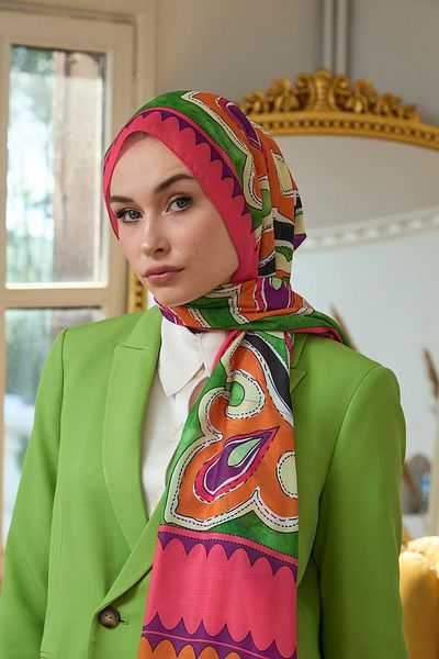 İpekhan Summer Radiance Collection Μαλακό Σάλι Σμαραγδένιο Πράσινο Πορτοκαλί 3045-03