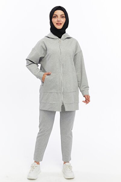 ESPOİRPLUS Ženska siva sportska kombinacija sa kengur džepom i patentnim zatv...