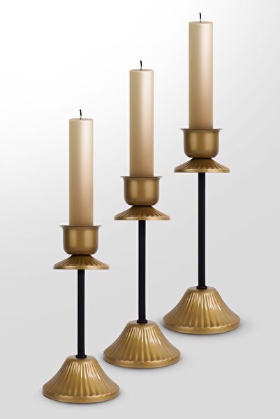 MINIMAL ETICARET VE BILGI TEKNOLOJILERI Candle Holder Grandiose 3'lü Dekoratif Gold Contrast Mumluk Seti