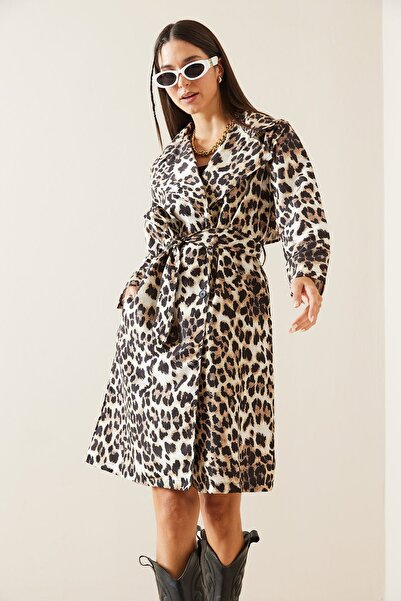 XHAN Kahverengi Leopar Desenli Kuşaklı Midi Trençkot 5KXK4-48962-18