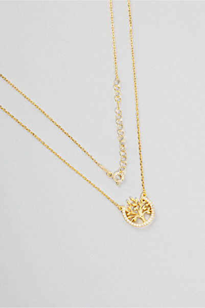 So CHIC... Hayat Ağacı Figürlü 18 Ayar Sarı Altın Kaplama Taşlı 45 Cm Gümüş Kolye