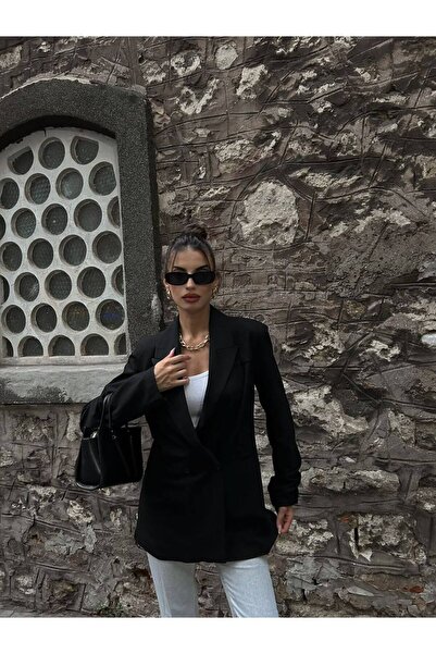 STİLPİX Kadın Siyah Kruvaze Yaka Düğmeli Yeni Sezon Ceket | Women's Black Shirt