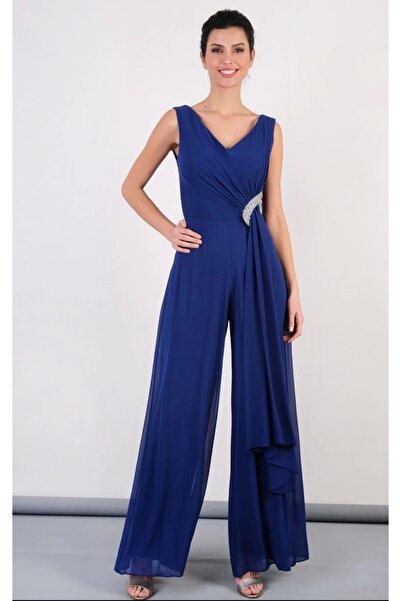 Selence Tasarım şifon abiye tulum mavi