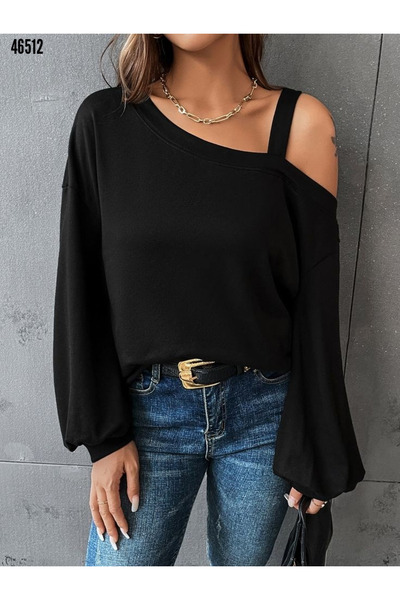 StilVibe Dámská černá viskózová halenka s dlouhým rukávem na jedno rameno