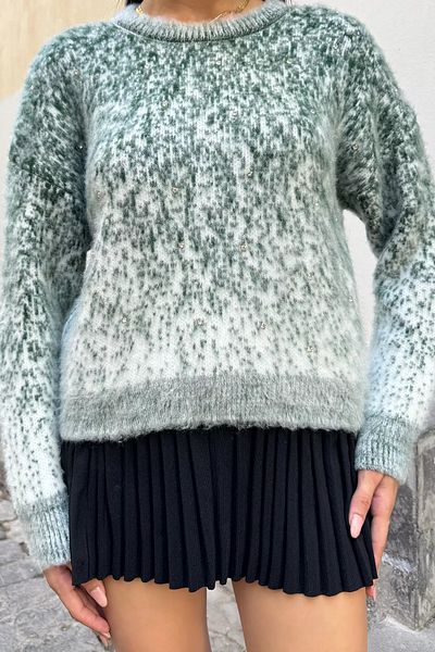 GÜLSELİ Green Women's Patterned Stone Detailed Knitwear Sweater