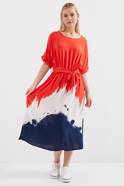 Bigdart 2504 Model Red Patterned Viscose Short Sleeve Dress