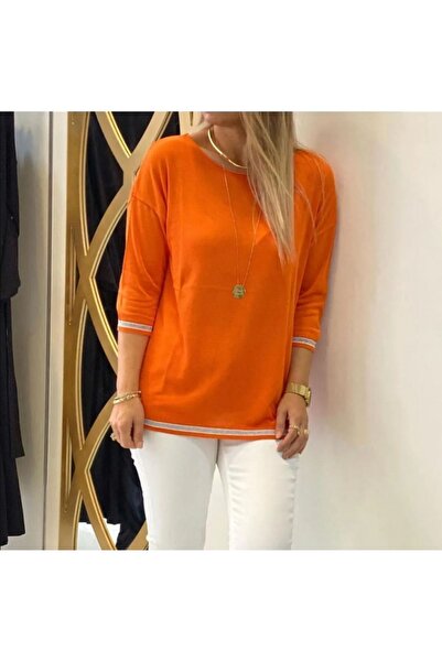 T Guel Kadın Turuncu Kolu-etek Ucu Simli Fakir Kol Ince Kazak