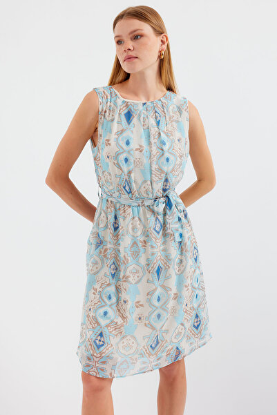 Bigdart Rochie din șifon albastru - 2501 cu model, mânecă zero