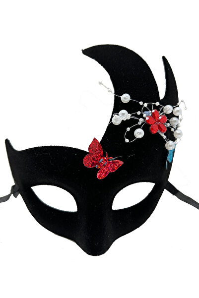 Skygo Black Color Pearl and Stoned Suede Covered Venetian Party Mask 20x22 cm