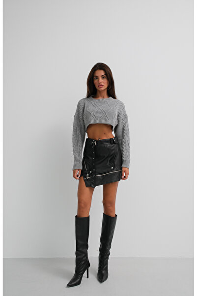 Black Fashion Fusta neagră din piele cu curea asimetrică