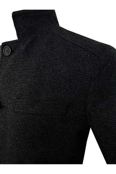 SÜVARİ Μαύρο παλτό από μαλλί Dobby με γιακά δικαστή, άνετο και κομψό