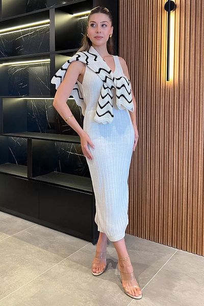 GÜLSELİ Cream Patterned Blouse Dress Combination Knitwear Double Set