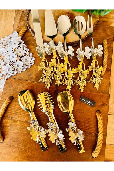 CASA DE BELLA Gold Butterfly Patterned 8 Piece Serving Tongs Set-Gold Tongs