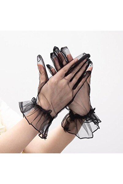 Epilons Short Length Lycra Laced Adult Tulle Gloves Black Color Zenvia-Tg4356
