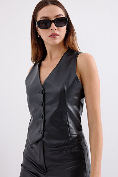 Bigdart 6799 Kısa Suni Deri Yelek - Siyah