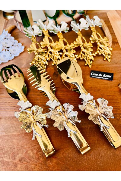 CASA DE BELLA Gold Butterfly Patterned 8 Piece Serving Tongs Set-Gold Tongs