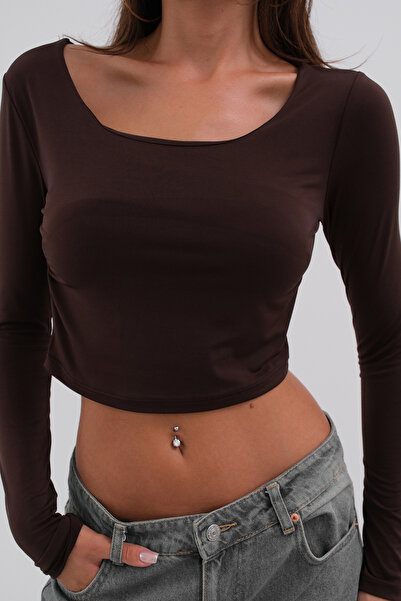 Black Fashion Čtvercový límec Hnědý Crop Top