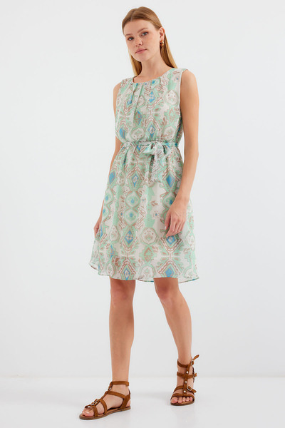 Bigdart 2501 Desenli Sıfır Kol Şifon Elbise - Mint