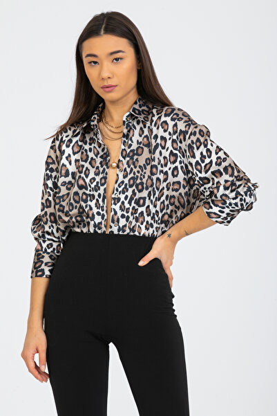 PERA MODA Cămașă oversize din satin cu model leopard