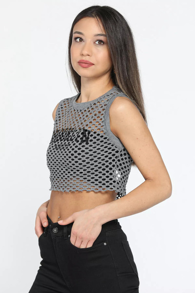 GÜLSELİ Anthracite Crew Neck Printed Openwork Women's Crop Top Sweater