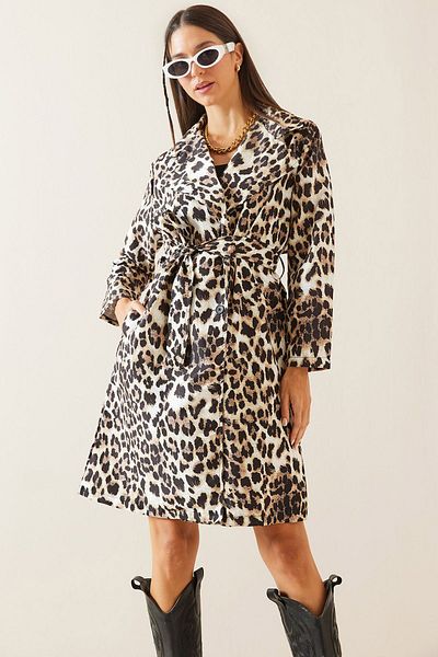 XHAN Leopard Patterned Belted Midi Trench Coat - Brown 5Kxk4-48962-18
