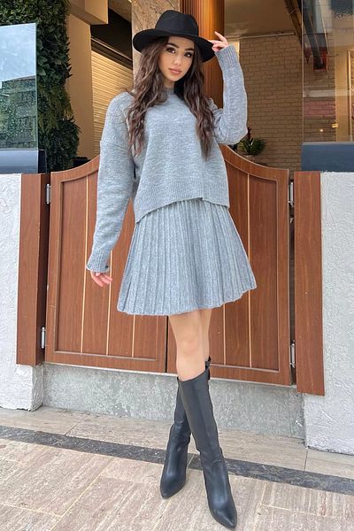 GÜLSELİ Gray Style Knitwear Skirt Sweater Double Set