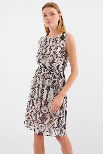 Bigdart 2501 Desenli Sıfır Kol Şifon Elbise - Siyah