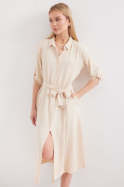 Bigdart 2442 Model Belted Shirt Dress - Cream