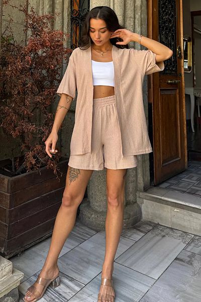 GÜLSELİ Women's Double Set - Biscuit Kimono and Shorts