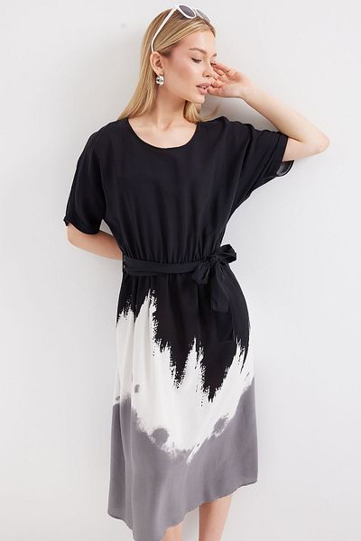 Bigdart 2504 Model rochie cu mânecă scurtă din viscoză neagră