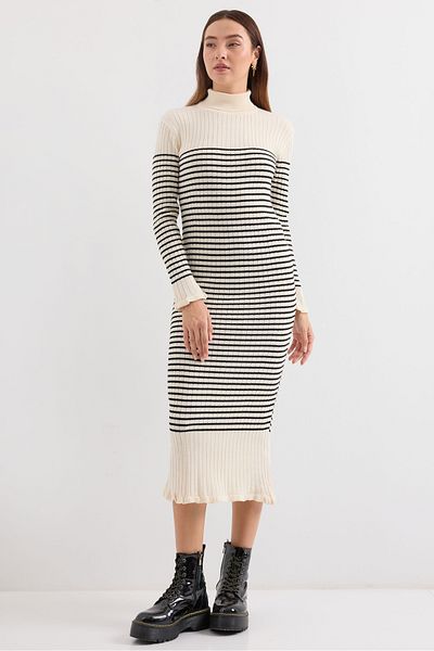 Bigdart 15893 Model Rochie Tricotaj Lungă în dungi Ecru