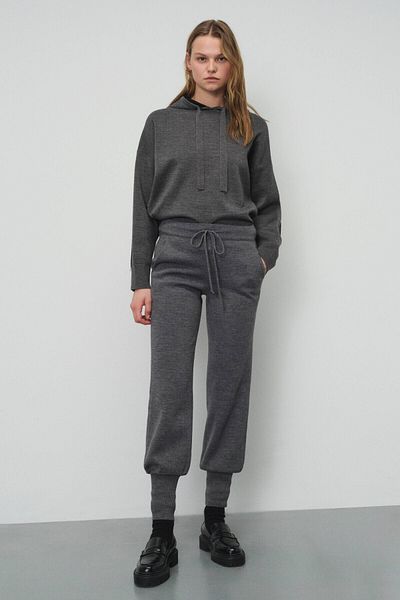 Mısırlı Pantaloni de damă gri cu picioare înguste și talie cu șireturi