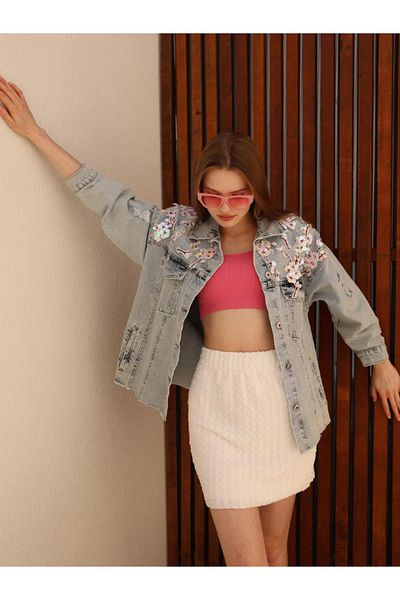 msendam Jachetă de blugi din denim, cu mâneci lungi, cu mâneci lungi, brodate cu paiete florale