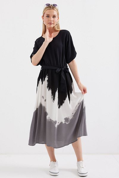 Bigdart 2504 Model rochie cu mânecă scurtă din viscoză neagră