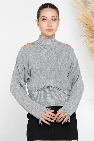 GÜLSELİ Gray Corded Blouse Crop Sweater Combination Knitwear Double Set