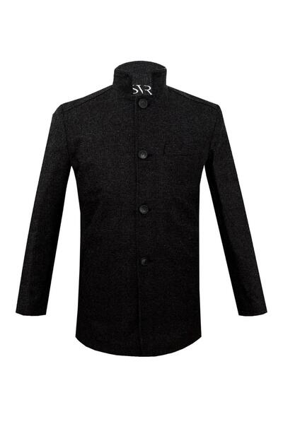 SÜVARİ Μαύρο παλτό από μαλλί Dobby με γιακά δικαστή, άνετο και κομψό