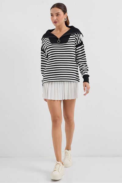 Bigdart 15886 Pulover lung cu dungi cu gât polo negru